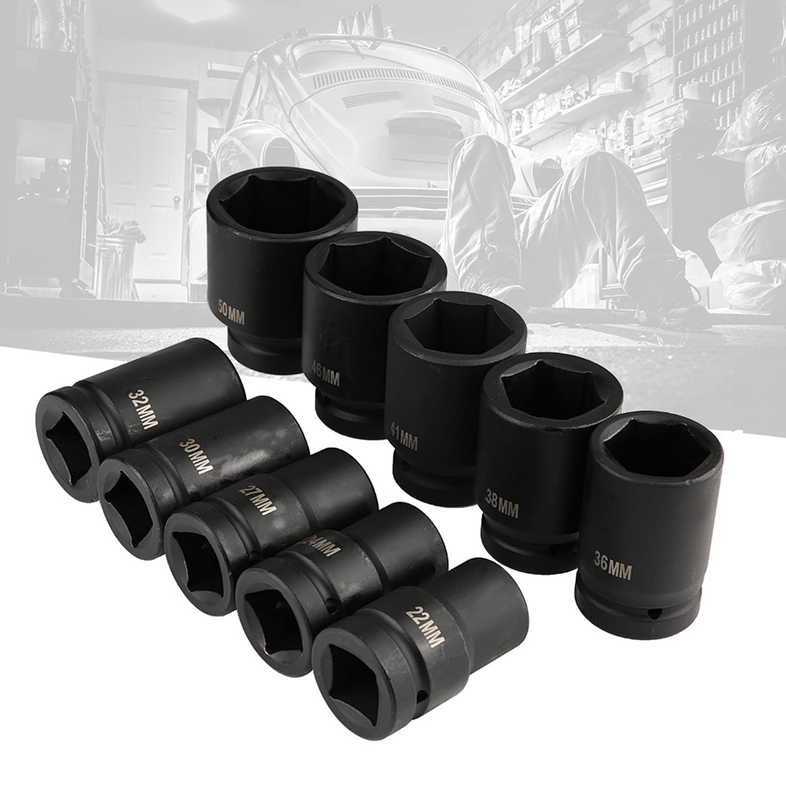 Schlagschrauber Nüsse Set, 10 Stück, 2,5 Cm (1 Zoll) Mini-Ratschensatz, Metrisch, Tief, Lange Reichweite, Tiefe Stecknüsse, Metrisch 22/24/27/30/32/36/38/41/46/50 mm