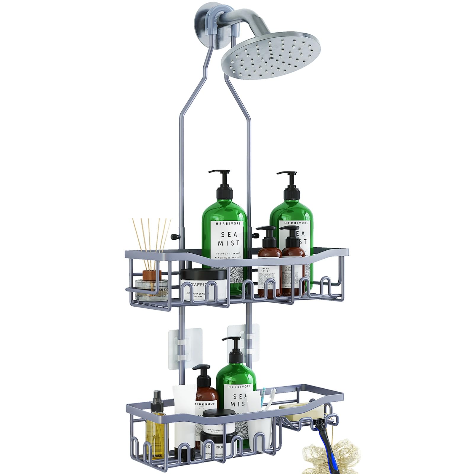 Upgraded Extended Length Shower Caddy Over Showerhead No Blocking to Showerhead, Rustproof Bathroom Organizers and Storage with Hooks Shampoo Soap Holder, Large Hanging Caddy, Grey Grey - 2 Tier - Standard