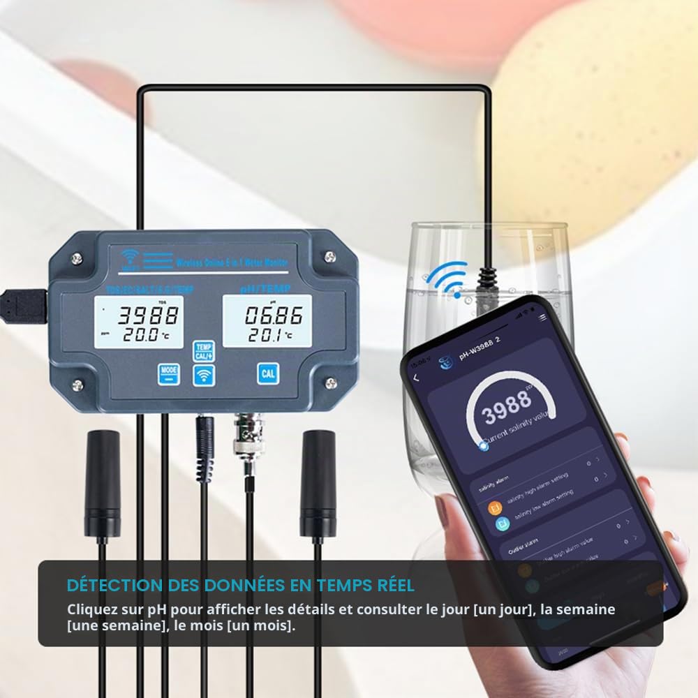Testeur de qualité de l'eau Wifi, analyseur de qualité de l'eau 6 en 1 PH/EC/TDS/SEL/S.G/température, surveillance à distance APP, adapté au laboratoire hydroponique d'aquarium d'eau potable