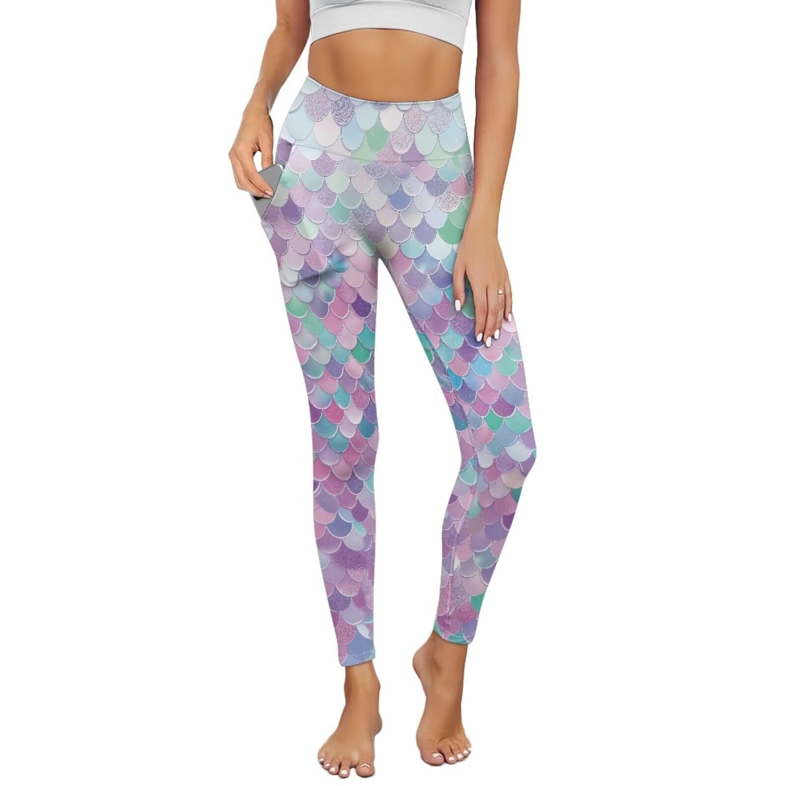 Poceacles Mermaid Scales Yoga Pants for Women with Pockets Full Length Workout Yoga Pants High Waisted Tummy Control Athletic Pants Activewear Casual Leggings, Violet Green, 3XL