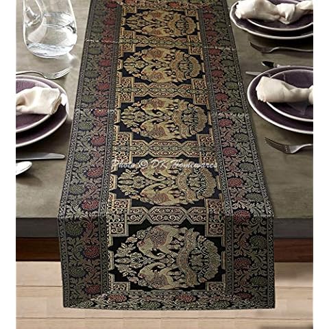 DK Homewares Traditional Decorative Brocade Table Runner 150 cm Long Bohemian For Wedding Decor Black And Gold Jacquard Elephant Floral Rectangle 5 Ft Home Decoration Table Cloth (40x150 cm) Cover