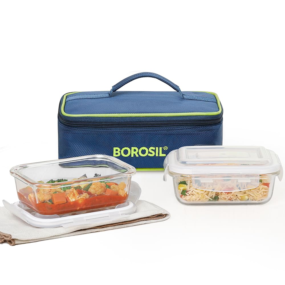 Borosil Klip n Store Lunchbox with Bag | Set of 2 (370ml Each) | Borosilicate Glass, Rectangle, Horizontal | Microwave & Dishwasher Safe, Leakproof | Tiffin for Office/School/College | Blue (B075WWVGBN) Amazon Price History, Amazon Price Tracker