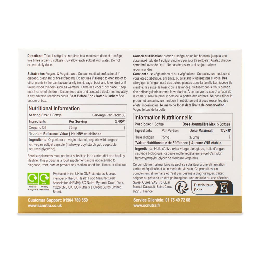 Huile d'origan sauvage C80 gélules végétaliens-seulement 2 ingrédients : Huile d'origan bio et huile d'olive extra vierge bio - niveau de Carvacrol 80% - SC Nutra (Sweet Cures)