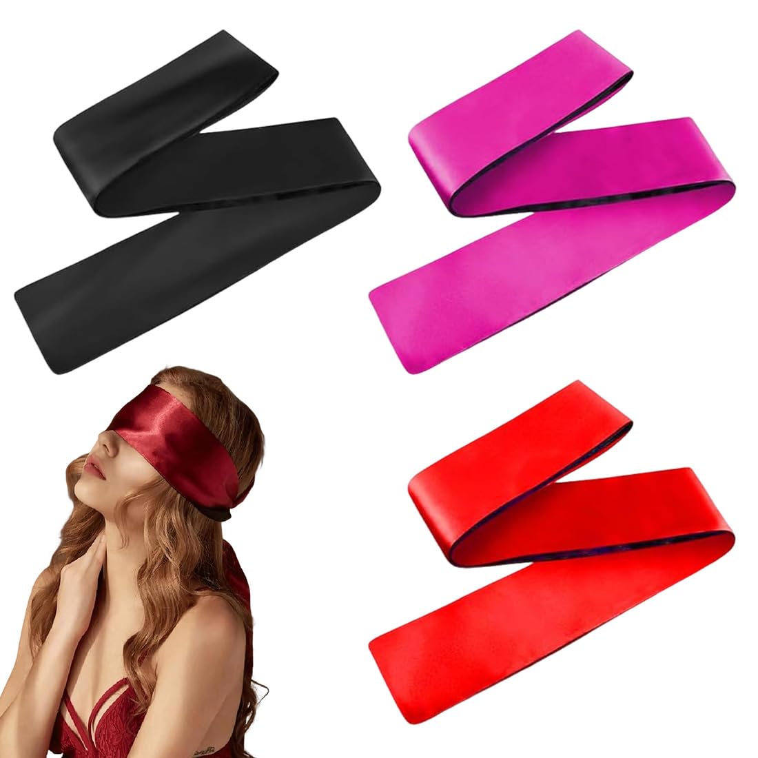 3 Pcs Maschera Per Occhi In Raso Fasce Per Occhi In Raso Morbide Maschere Per Dormire Copertura Per Gli Occhi Da Viaggio Per Donne Uomini Adulti Coppie 130X5Cm Nero Rosso