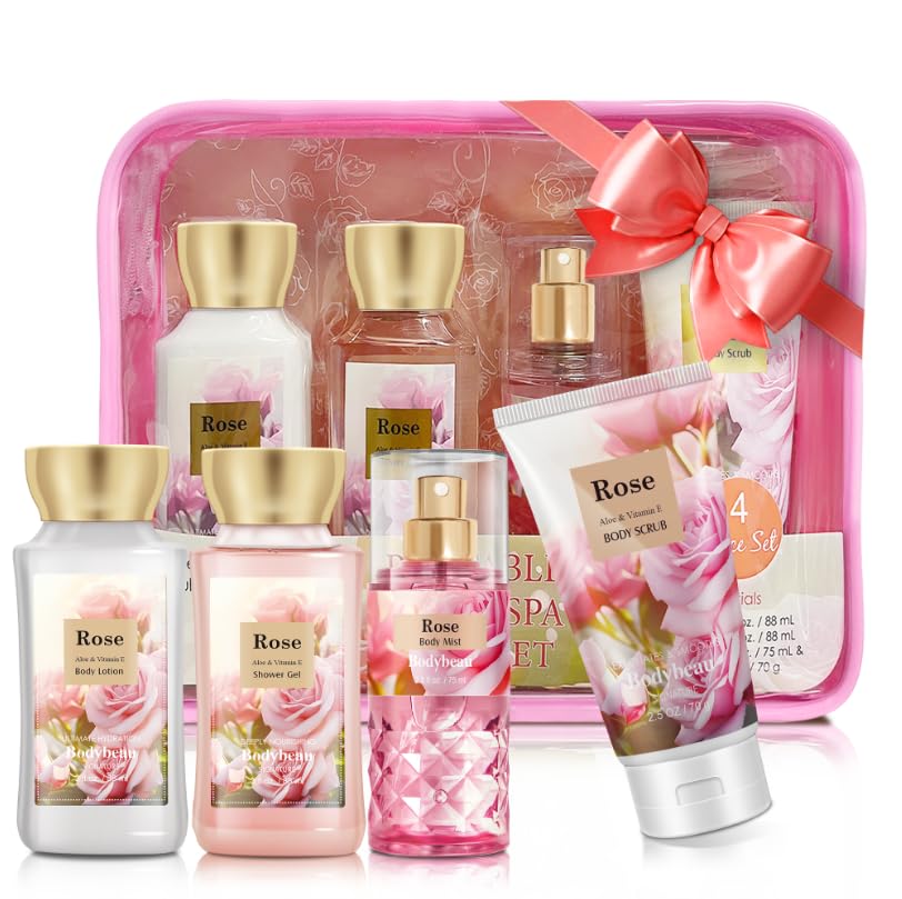 Rose Bath and Body Gift Set, 4-Piece Personal Care Collection, Shower Gel, Body Lotion, Body Mist, Exfoliating Scrub,Personal Portable Body Care Travel Set
