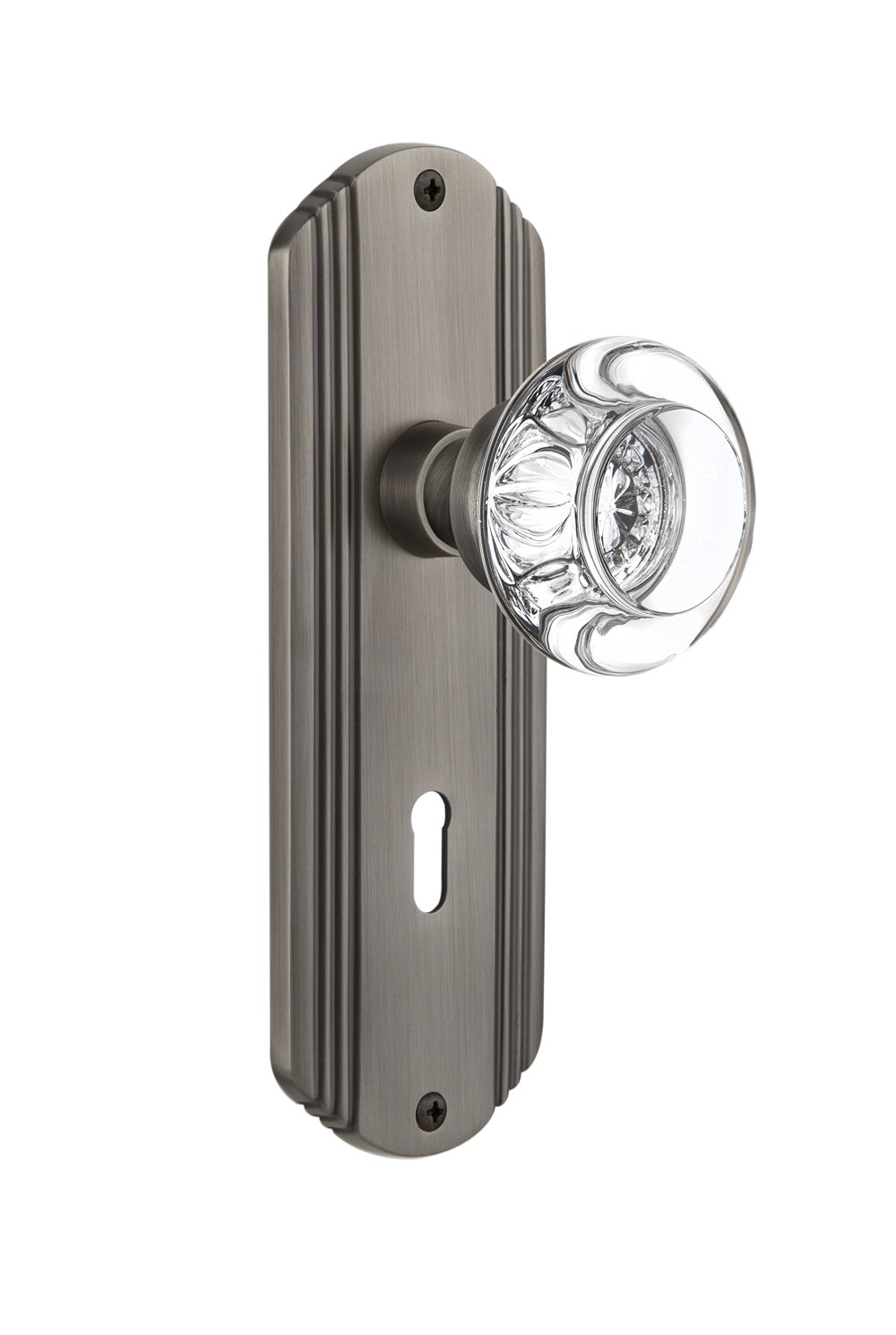 NostalgicWarehouse Deco Plate with Keyhole Round Clear Crystal Glass Knob, Passage - 2.75", Antique Pewter