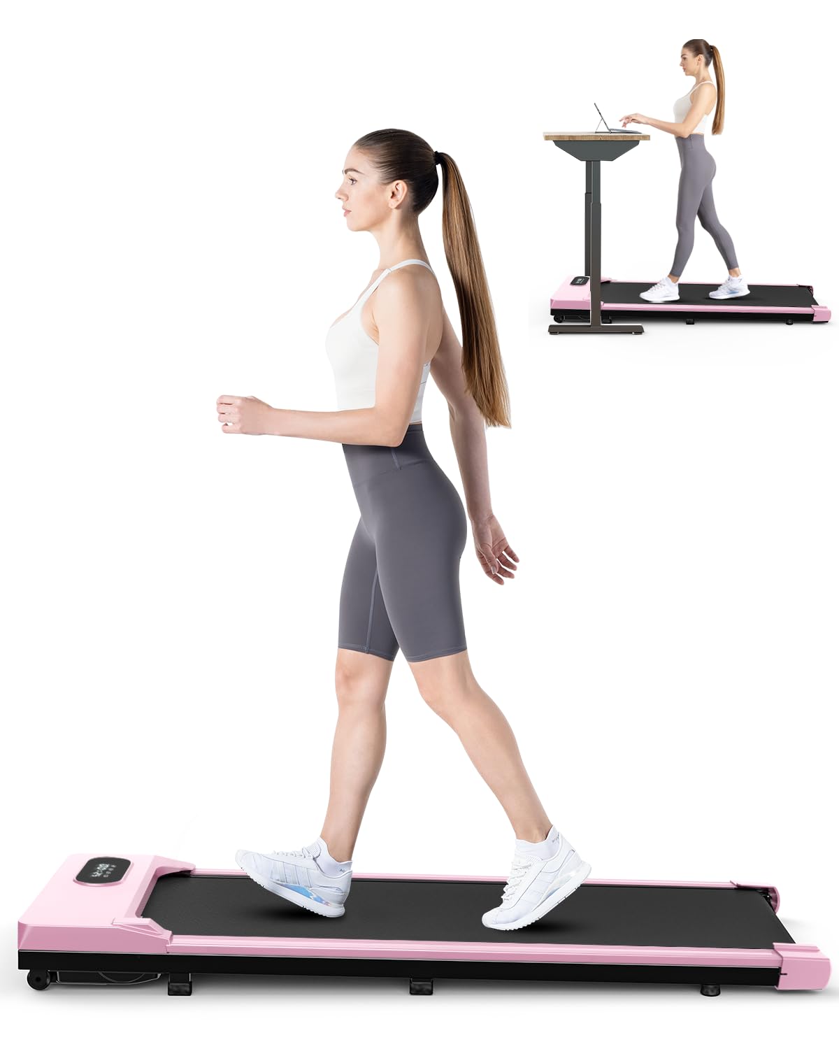 Walking Pad Treadmill Under Desk, 5MPH Portable Small Treadmill for Office & Home, Mini Quiet Compact, 2.5HP Flat Running Machine, 300 Lb Capacity