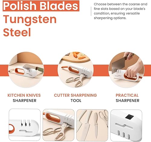 Miniatura 3 de Cuchillo de cocina 4 en 1 y afilador de tijeras, cuchillas de pulido de acero de tungsteno, base antideslizante gruesa y fina, colgador y mango