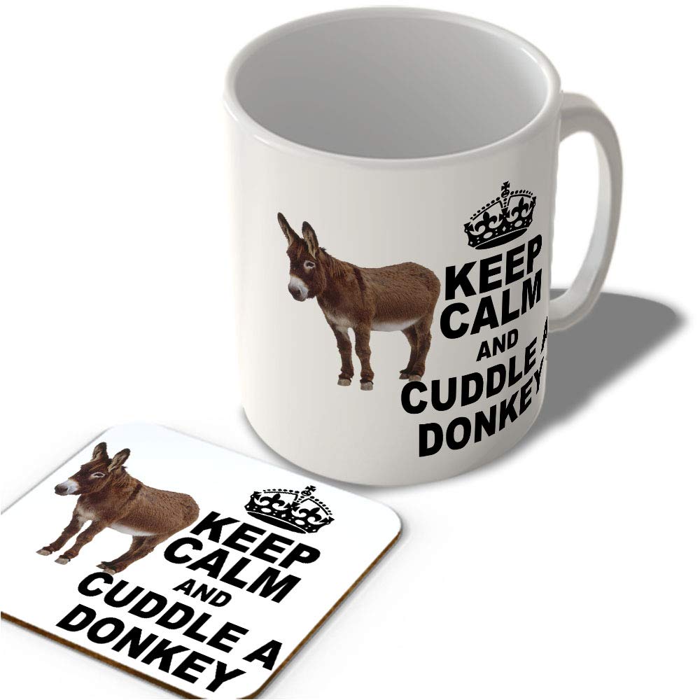 Mcmug White - Keep Calm And Cuddle A Donkey - Mug And Coaster Set, Ceramic, 11Fl.oz.