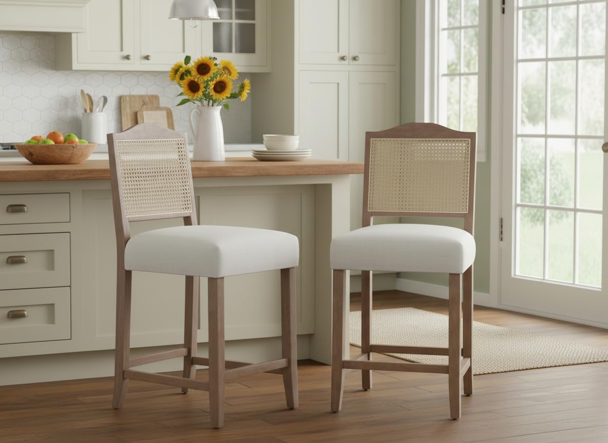 Shunzhi Rattan Bar Stools Set of 2, Farmhouse Counter Height Barstools with Cane Back, Wooden Wicker Bar Chairs, Upholstered Kitchen Island Stool for Home Bar/Pub,Linen Beige,26 Inch