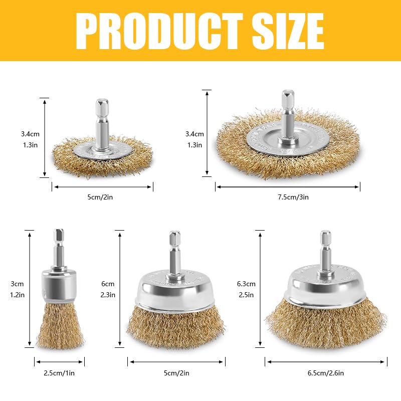Image of 5 Pcs Wire Wheel Brush Set for Drill,Carbon Steel Wire Cup Wheel Coarse Crimped Abrasive Brass Coated Brushes with 1 /4 Inch Hex Shank for Rust Remova,Corrosion and Scrub Surfaces