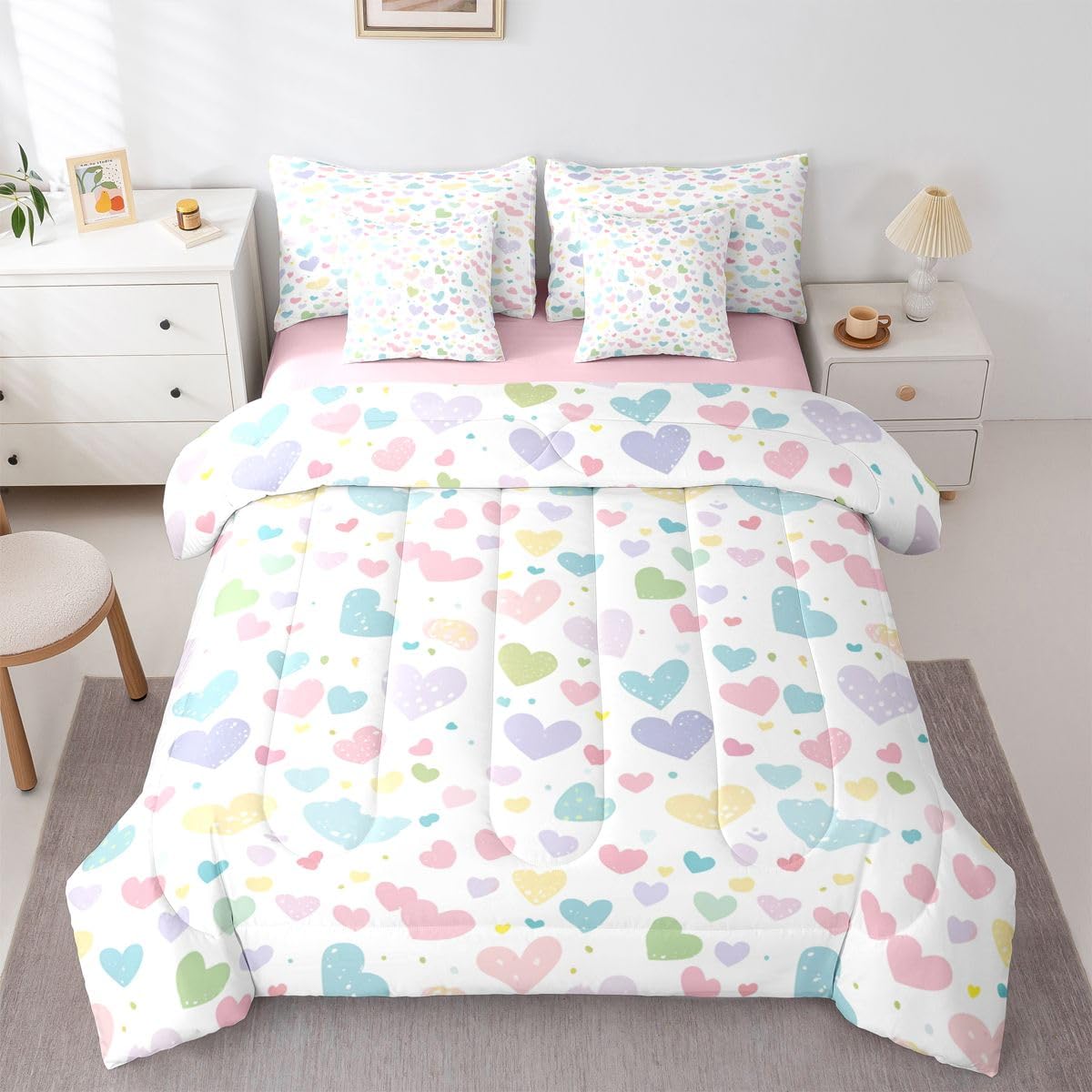 Erosebridal Cute Heart Queen Comforter Set 7 Piece Valentine Love Heart Comforter Set Rainbow Hand Drawn Style Bedding Sets for Kids Girls Cartoon Geometric Sheet Set with Comforter