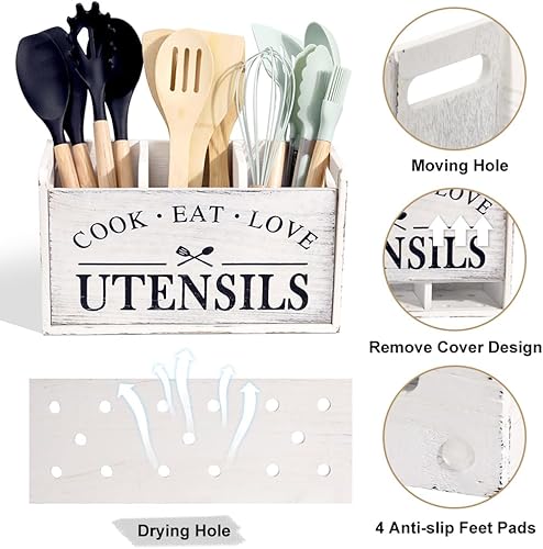 Miniatura 3 de Organizador de utensilios de cocina de granja, soporte para utensilios de encimera de madera maciza, soporte de cuchara de 3 compartimentos para