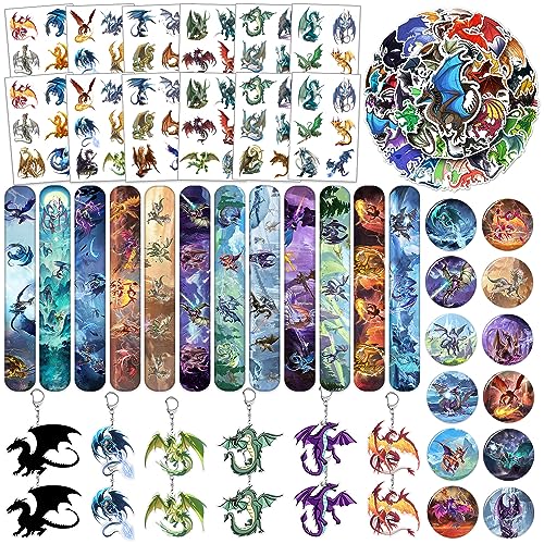 98 Pack Dragon Anniversaire Party Favors Fournitures Dragon Thème Décorations Slap Bracelets Autocollants Boutons Pins Acrylique Porte-clés Tatouages Temporaires