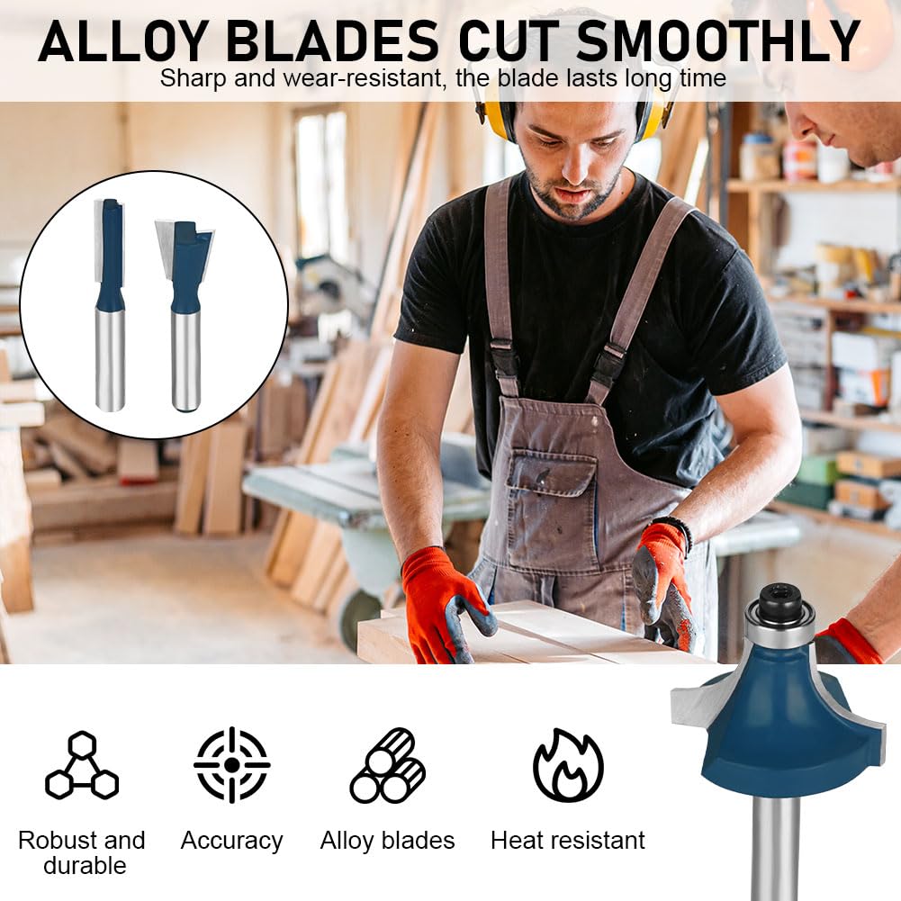 flintronic Fraises Defonceuse 6.35mm, Coffret de 15 Fraises Tige de 6.35mm 1/4", Coupe-outils pour Travail Bois à Pointe en Carbure de Tungstène, Tige Forets en Acier Forgé