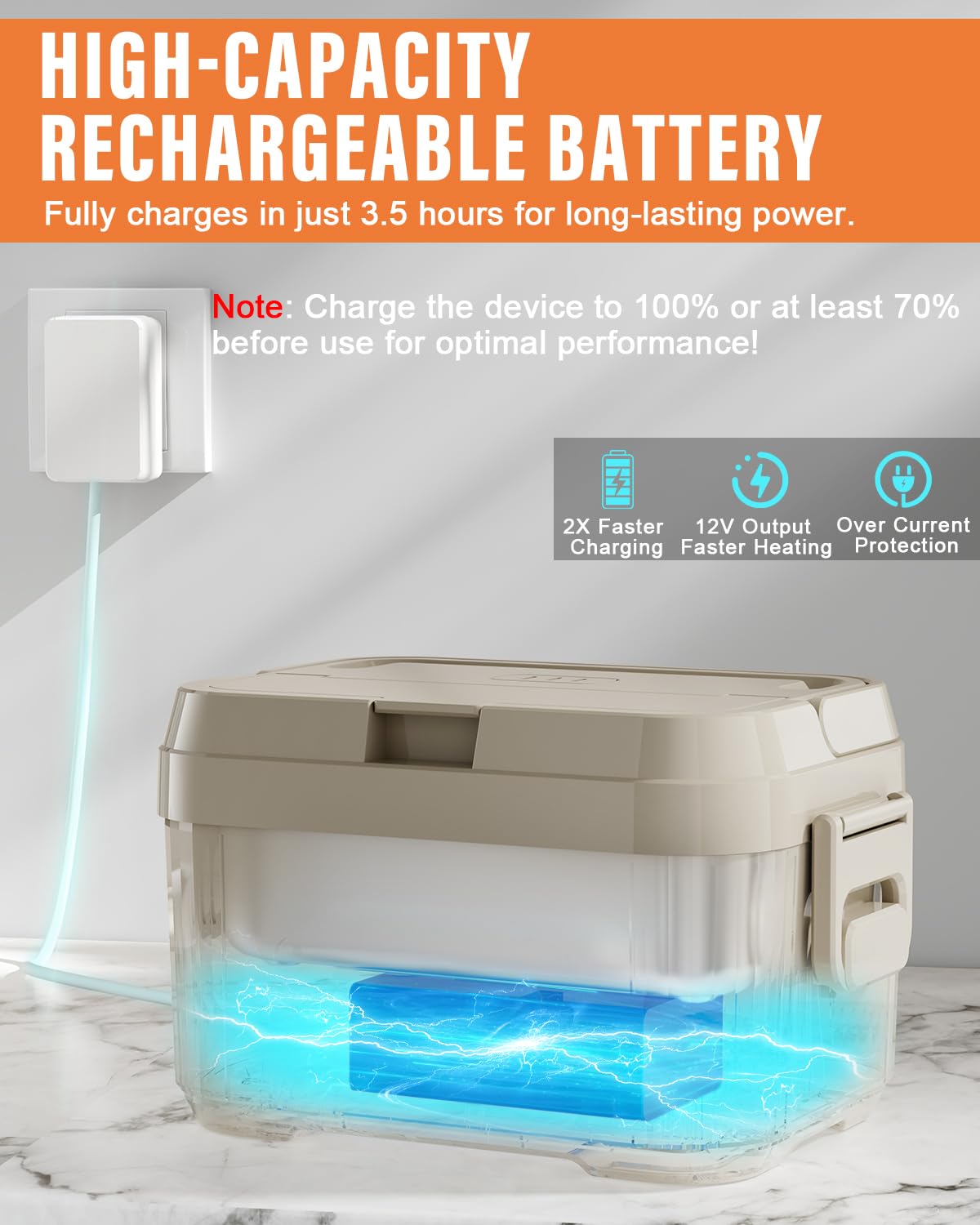 Geveniss Lonchera eléctrica inalámbrica para adultos, lonchera térmica con recipiente SS de 1100 ml, calentador de alimentos alimentado por pilas con tapa a prueba de fugas, calentamiento rápido de
