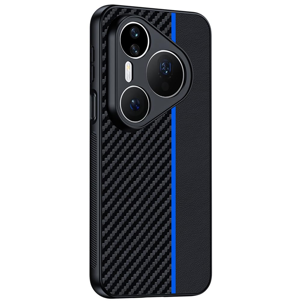 MFAOSHI Slim Case for Huawei Pura 90 Pro Max/90 Pro/90, Carbon Fiber Pattern Splicing Leather Cover All-inclusive Lens Protection Case,Blue,90 Pro