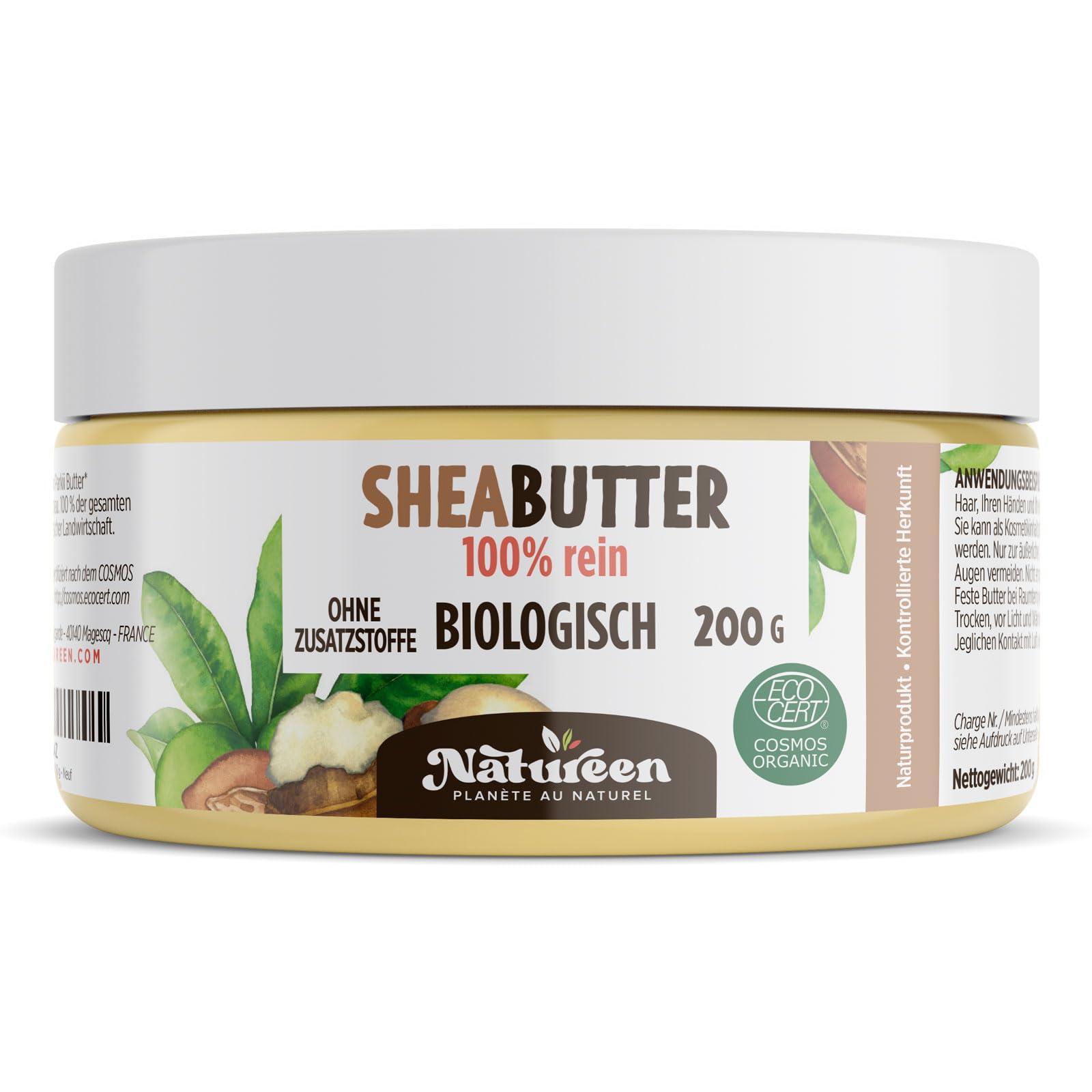 SheaButter Biologisch 200g - Karité Butter - 100% Rein -100% Natürlich - Unraffiniert - Vegan - alle Hauttypen, Natürliche Körperbutter - Gesicht, Lippen, Haare - Pflegt, Schützt, Befeuchtet