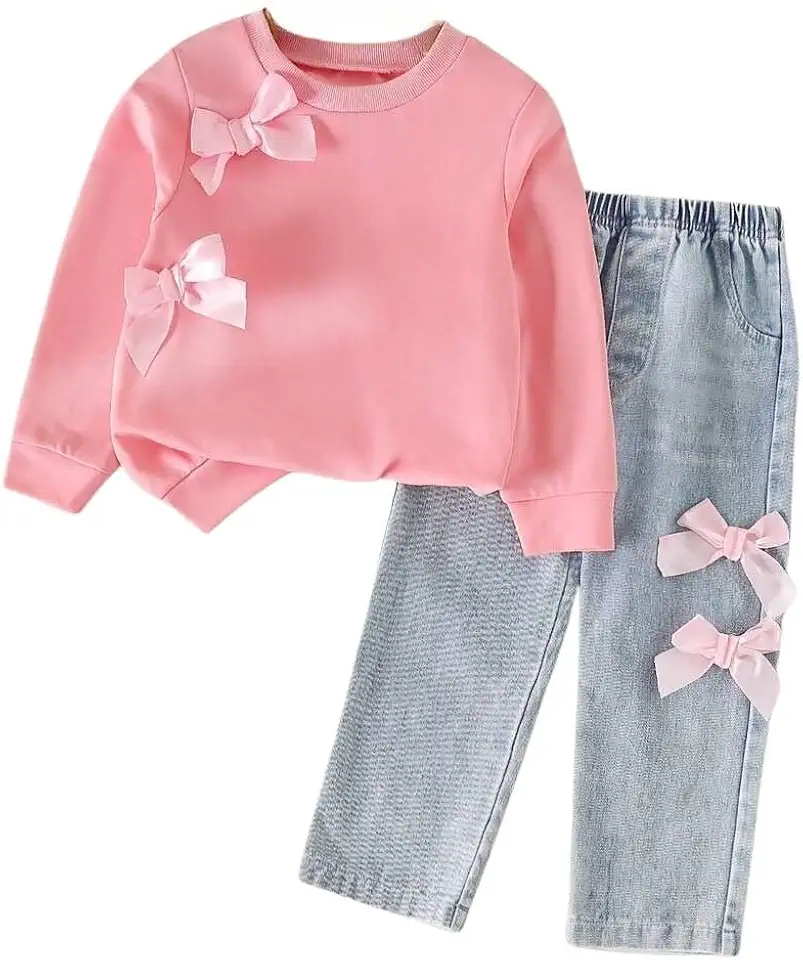 HSOXLQF Kids Toddler Girl Long Sleeve Bow Sweatshirt & Denim Straight Leg Jeans Pants Fall Winter Outfits Set
