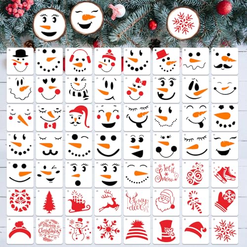 Augshy Palmilhas de rosto de boneco de neve de Natal, pacote de 56 modelos de desenho de plástico reutilizáveis para álbuns de recortes, desenho de parede, decoração de chão, projetos de arte
