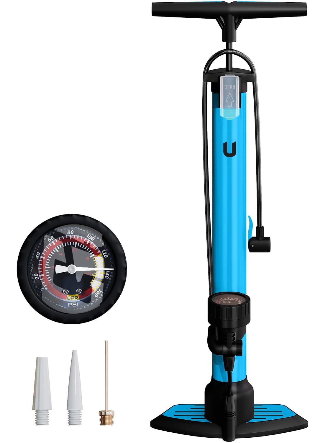 unycos - Bomba de Bicicleta con Manómetro de Alta Presión y Válvulas【Presta | Schrader】 160 PSI/11 Bar | Inflador de Ruedas, Neumáticos, Pelotas, Flotadores, Anillos de Natación, 63x23 cm — view 9