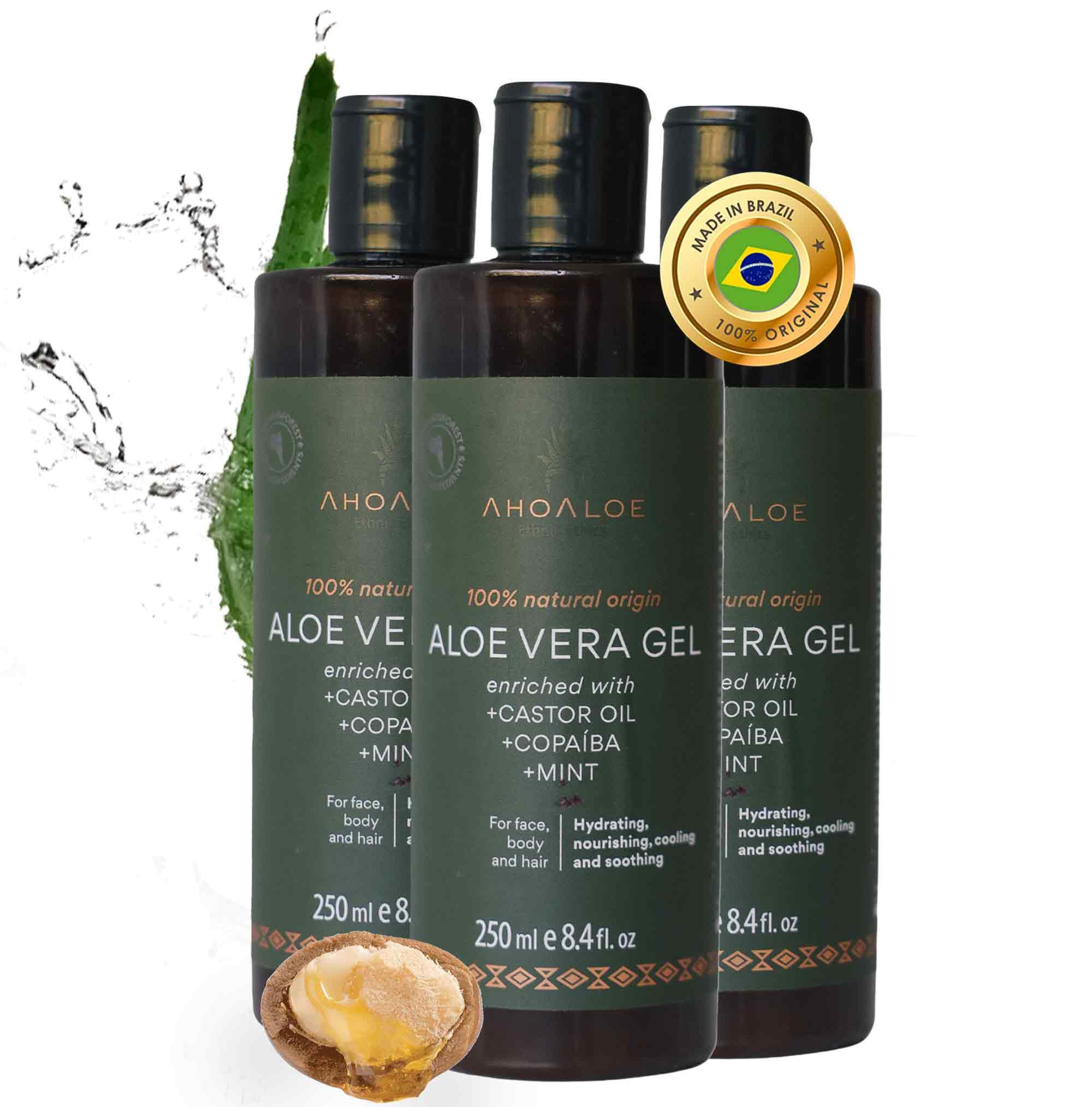 AHOALOE Pack of 3 Brazilian Aloe Vera Gel - Multipurpose Moisturizing Natural Gel with Copaiba, Castor Oil and Fresh Mint and Natural for Face, Skin