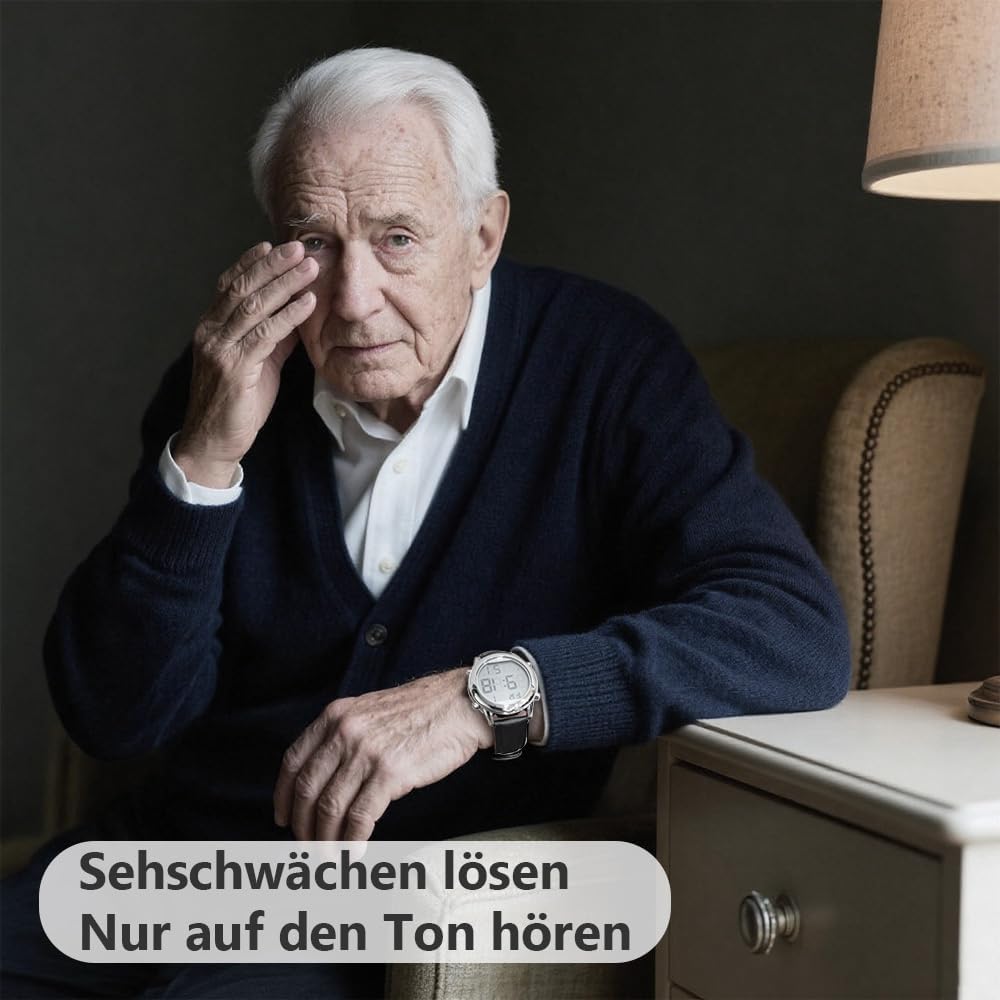 Orologio da polso da uomo parlante tedesco, orologio da polso radio, LCD, grande numero, facile da leggere, visualizzazione data e ora, per ciechi, anziani e malati di demenza