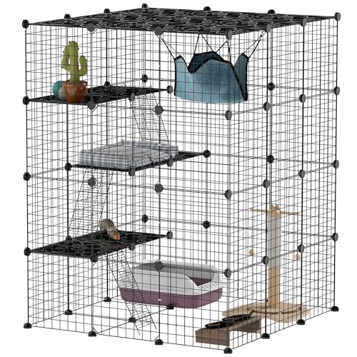PawHut Gabbia per Gatti Modulabile a 4 Livelli con Rampe, 3 Piattaforme di Salto e 5 Porte, Casetta per Gatti con Tappetini Antiscivolo e Amaca in Acciaio e PP, per 1-3 Gatto, 105x105x140 cm, Nero