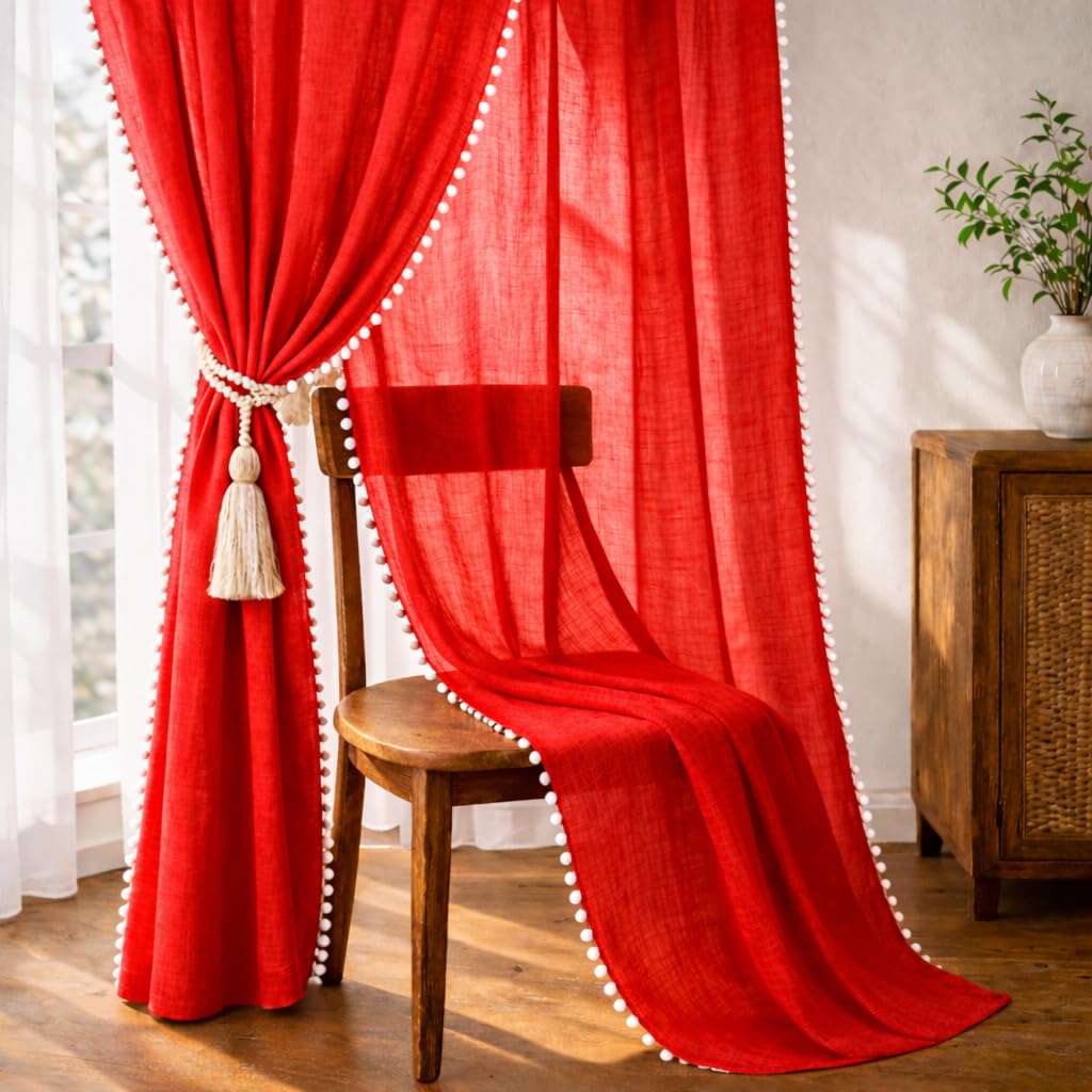 THE LINEN COMPANY Cotton Curtains Sheer Net Curtains with Pom Pom Lace Rod Pocket Window Curtains Light Filtering Curtains for Window Curtains Door Curtains Chilli Red 5 Ft Pack of 2