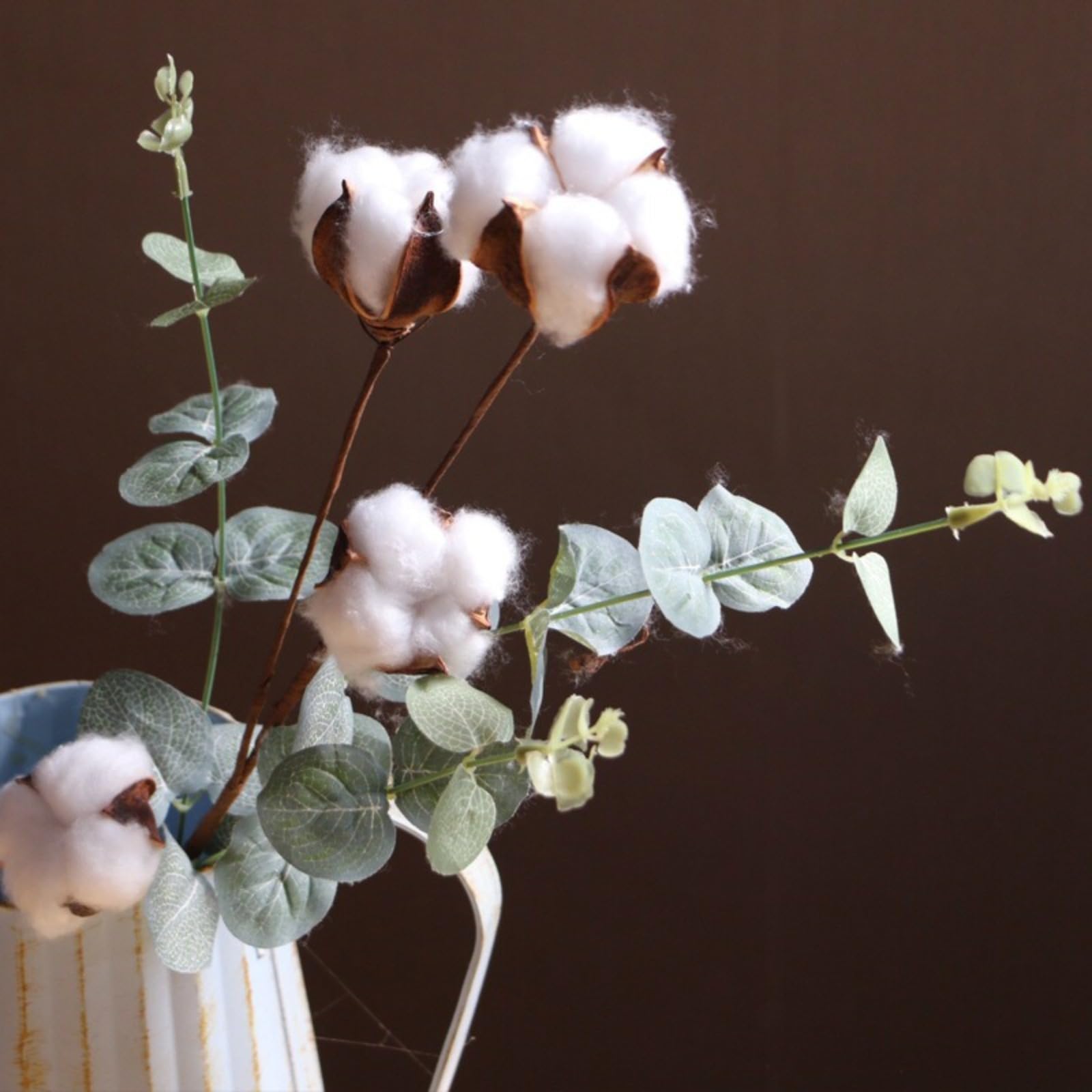 Fleurs séchées en coton avec 4 feuilles d'eucalyptus