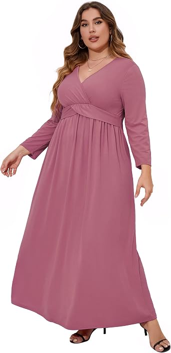 KOJOOIN بالإضافة إلى حجم Boho فستان نسائي بالإضافة إلى حجم فساتين عارضة التفاف V الرقبة ماكسي فستان مع حزام مدبب Boho فساتين طويلة