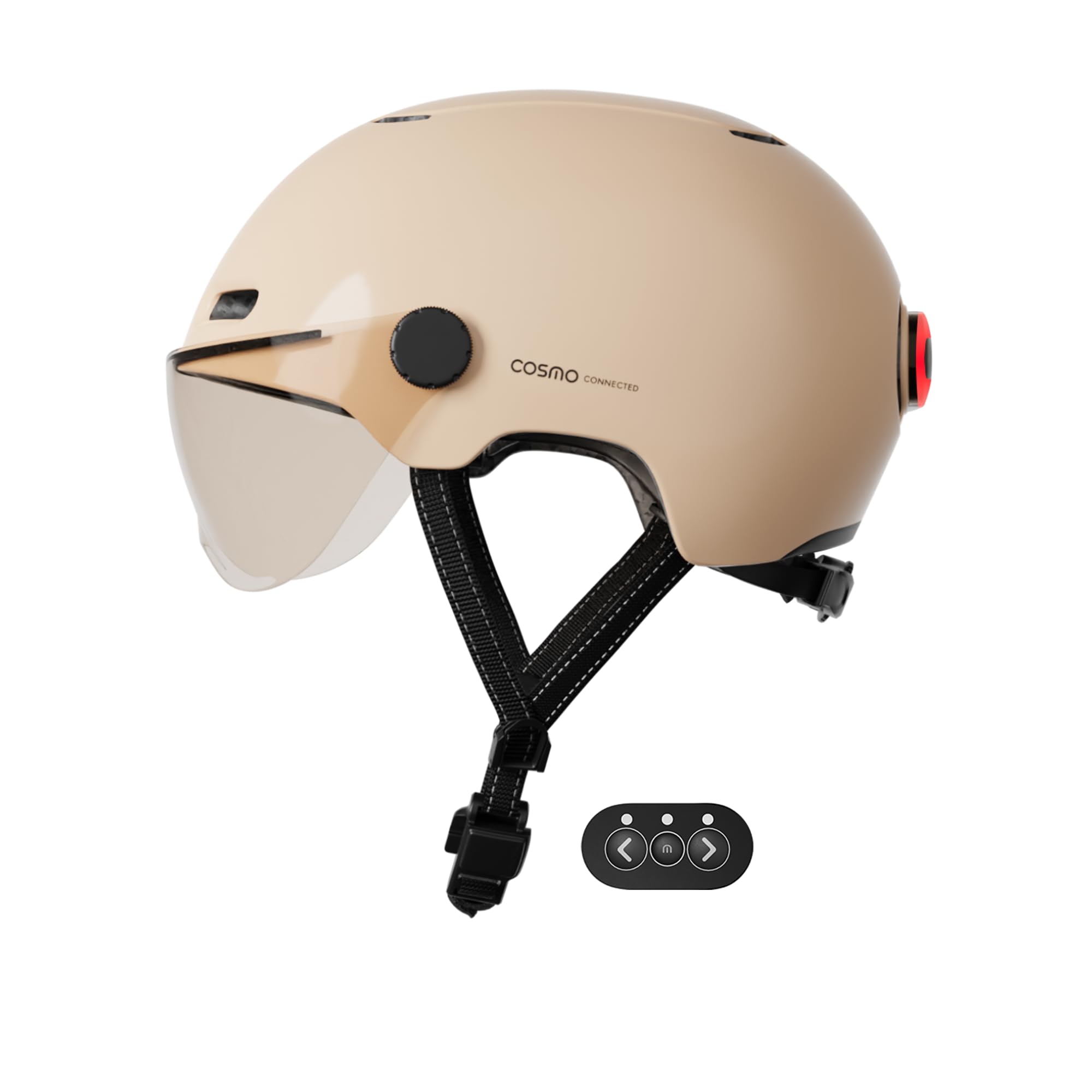 Cosmo Connected - Cosmo Fusion - Casque Intelligent Vélo et Trottinette avec Visière, Taille Adulte - Clignotants, Feu de Freinage Automatique, Partage de Trajet, Détection de Chute - Sable Brillant