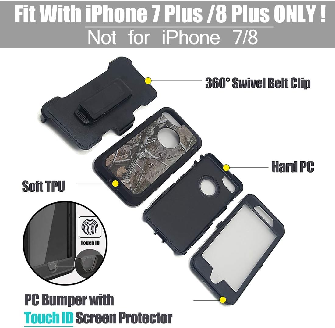 iPhone 8 Plus Case with Screen Protector,iPhone 7 Plus Protective Phone Cases for Men/Women,Vodico Camo Heavy Duty Defender Shockproof High Impact Full Body Cover with Belt Clip Holster (TBlack)