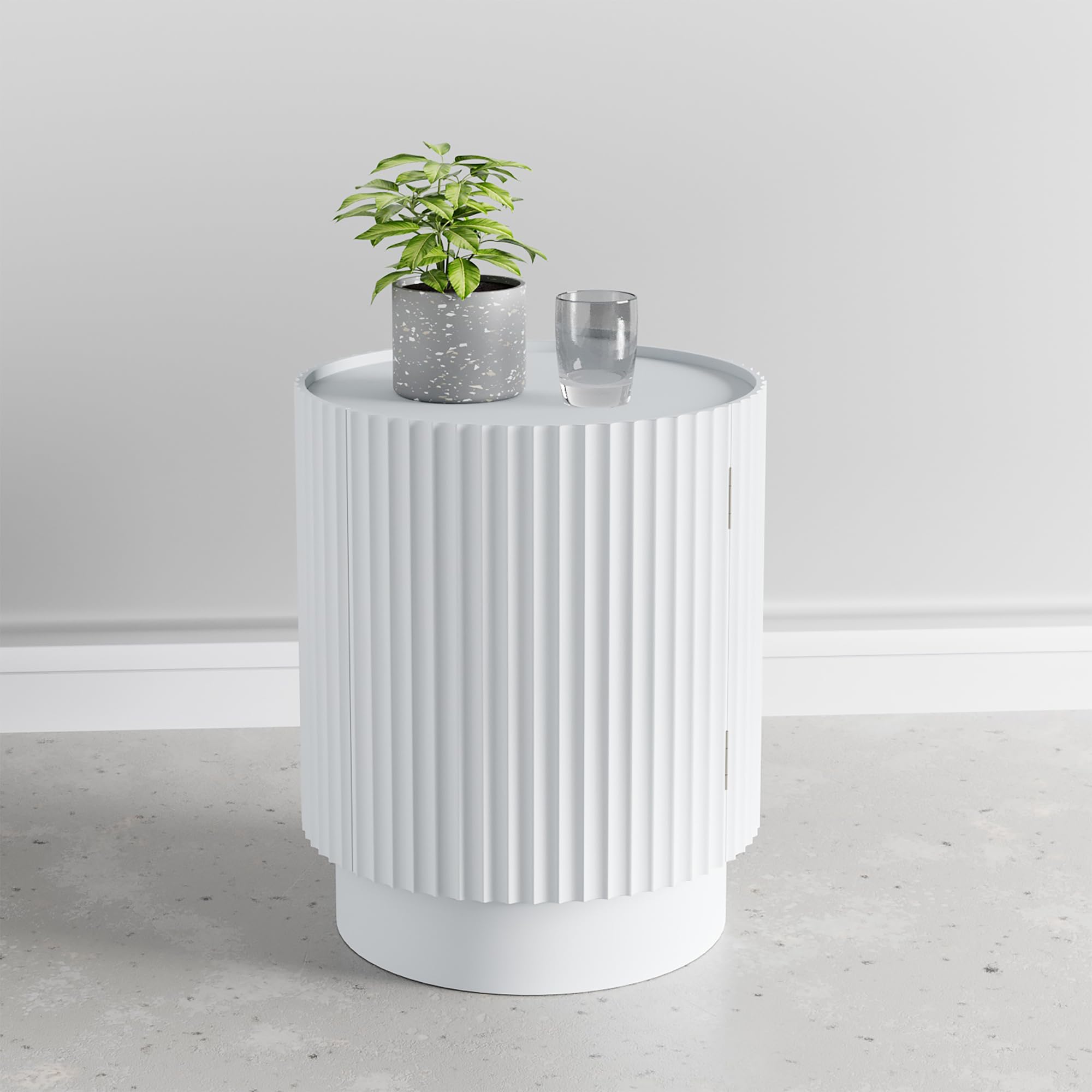 [en.casa] Tavolino Rotondo ad Anta e 2 Scomparti Tavolo Basso da Divano Comodino con Ripiano Interno per Salotto Soggiorno Camera da Letto Ingresso 49 x Ø40 cm - Bianco