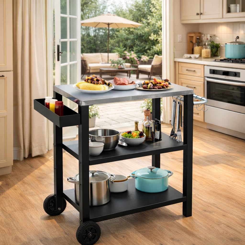 Carrello da barbecue per esterni, tavolo da barbecue, 2 ripiani regolabili in altezza, portaspezie e ganci, 84 x 67 x 41 cm, carrello da cucina con ruote per grigliare pizza e cucina in
