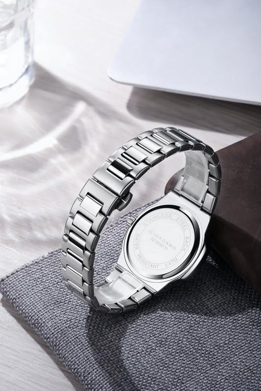 Image of Giordano Analog Multifunction Watch for Men - Textured Dial with Cushion Case, Luminous Index Markers, Stainless Steel Strap, Day & Date Display