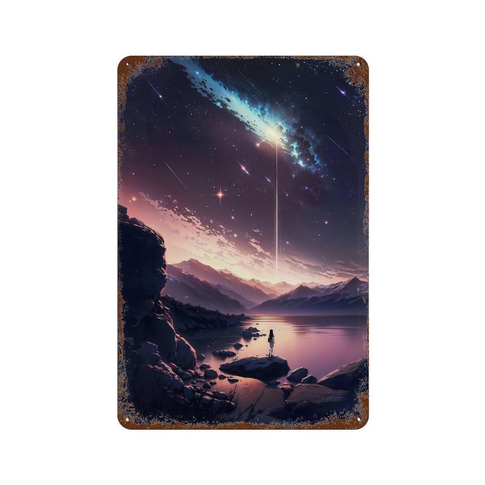 Distressed Metal Wall Sign with Anime Galaxy Sunset Design 11.8"x7.9", for Cafe, Home Bar And Lounge Decor, Retro Wall Decor