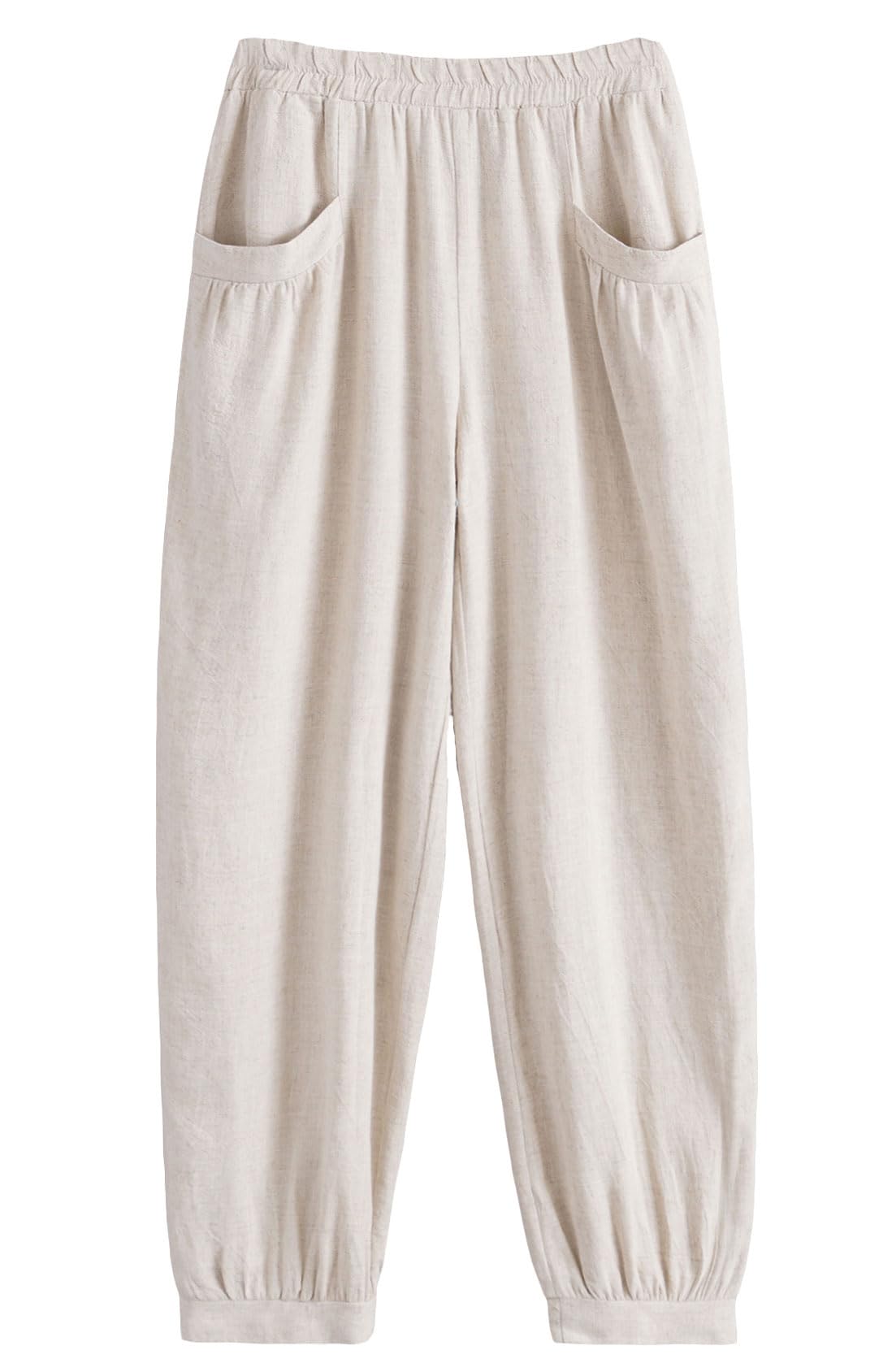 Minibee Womens Cotton Linen Tapered Cropped Pants Elastic Waist Trousers