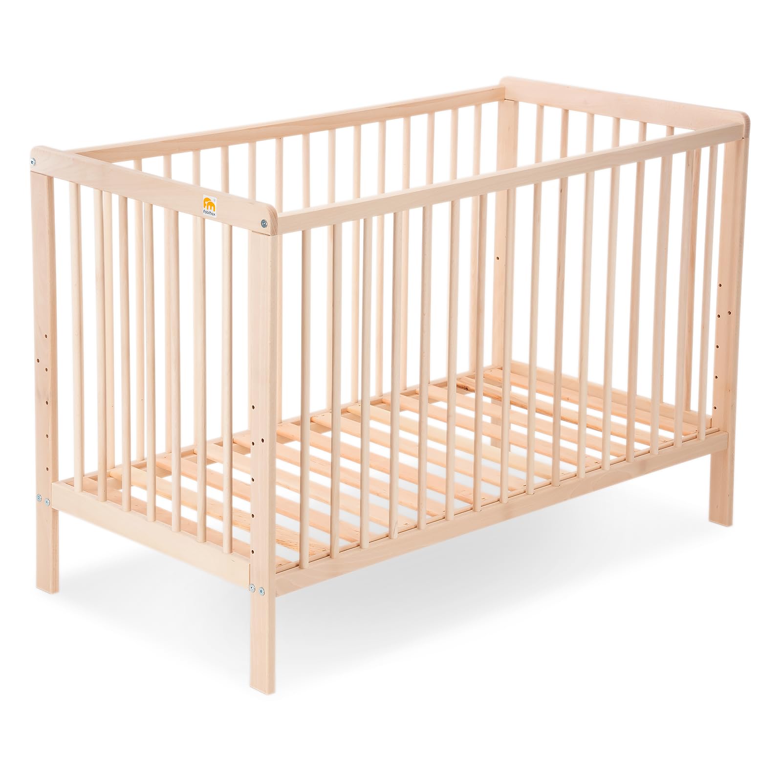 FabiMax Babybett Kinderbett Nubi Natur 120x60cm, aus naturbelassenem Buchenholz, 6-Fach höhenverstellbar, mit 4 Schlupfsprossen (Matratze Premium, Natur)