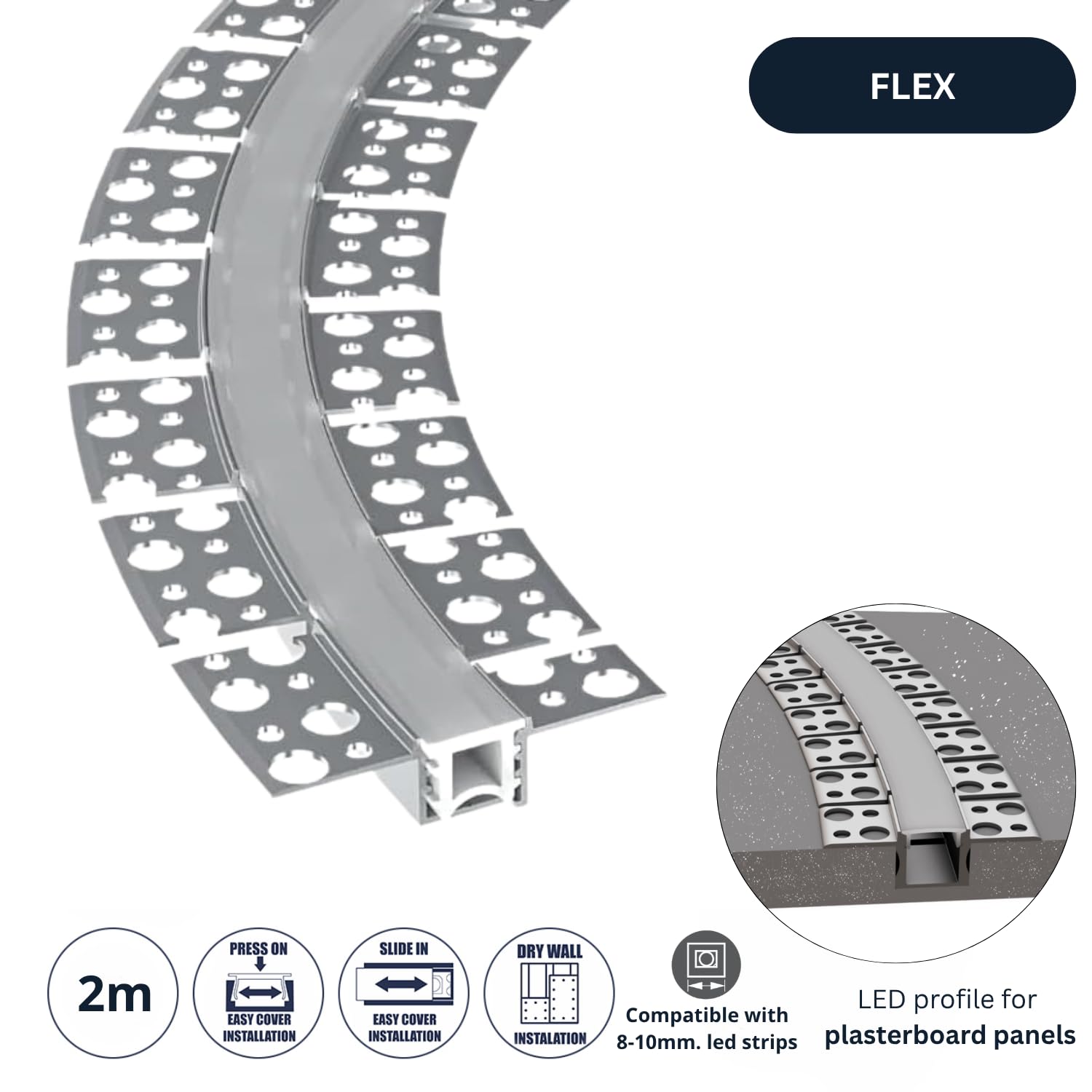 Evotrade – Profil LED Flexible en Aluminium pour Cloison Sèche Encastrable Longueur 2 Mètres + Couvercle Lumière Continue - pour Bandes LED Max 12,5mm - pour Intérieur (Profil Flex + couvercle)