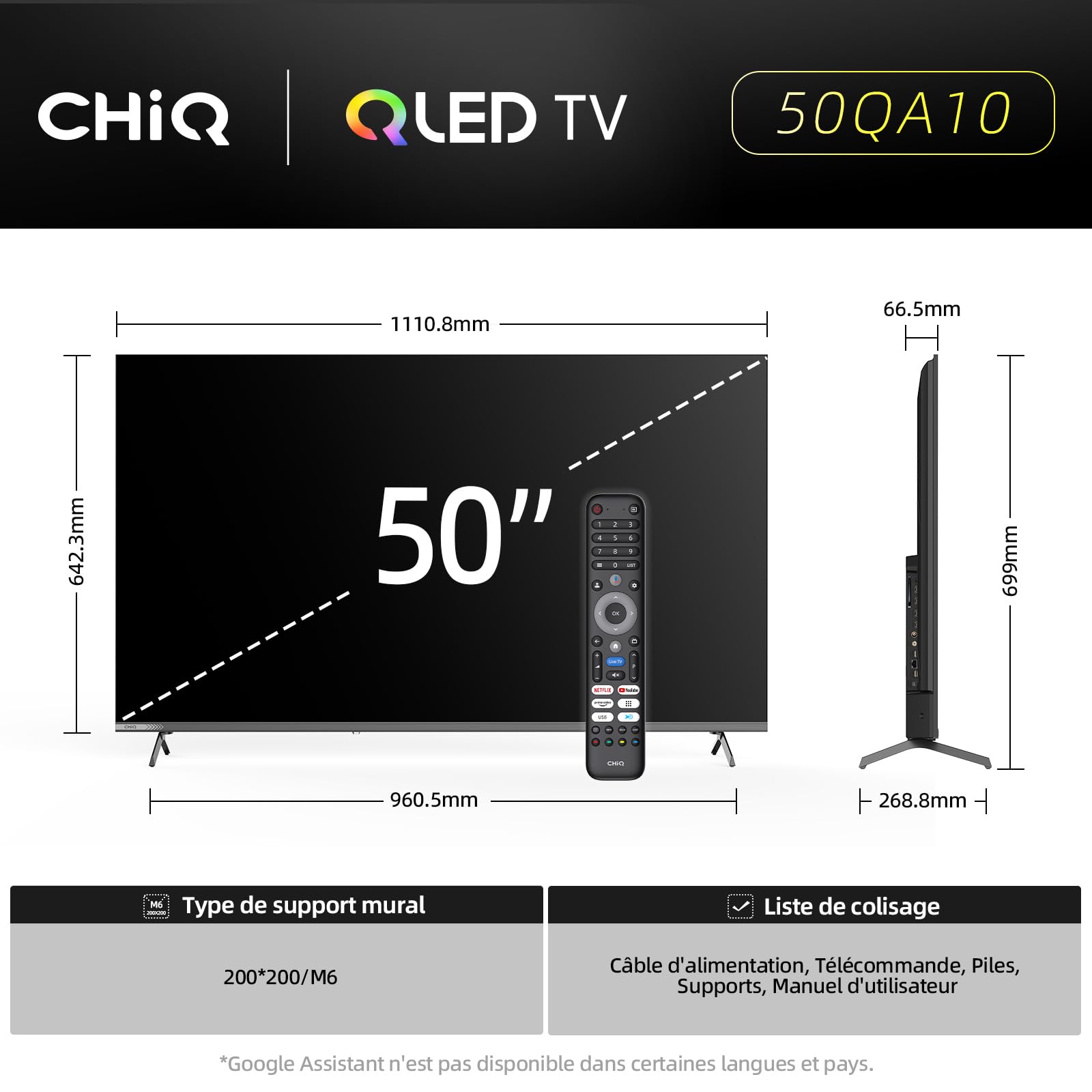 Telewizor Google QLED 4K UHD CHIQ 50QA10 50 cali HDR10, VRR i ALLM Ultracienki, bezramowe dwuzakresowe audio Dolby Wi-FI