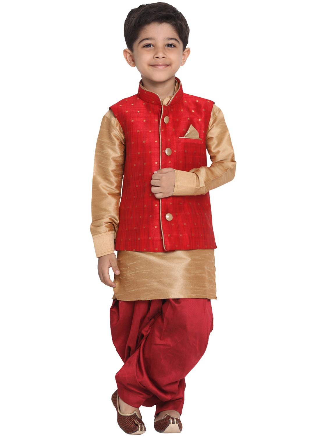 Vastramay Banarasi Brocade Woven Jacquard Nehru/Modi Jacket With Silk Pathani Kurta & Dhoti Pant Set  Traditional Ethnic Wear For Boys