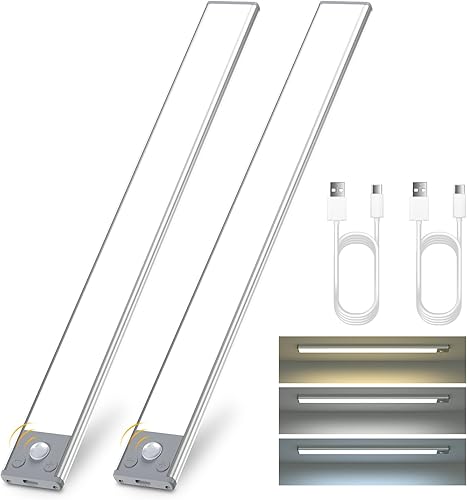 Luces para debajo del gabinete inalámbricas, luz recargable con sensor de movimiento para interiores, luz de armario de 160 lúmenes, 3 colores