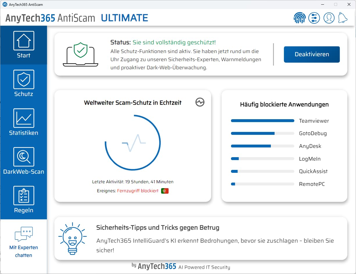AnyTech365 AntiScam Ultimate | Kompatibel mit Windows| 1Gerät | 1 Jahr | Setzen Sie sich vor Betrug zur Wehr | Aktivierungscode per E-Mail [software_key_card]