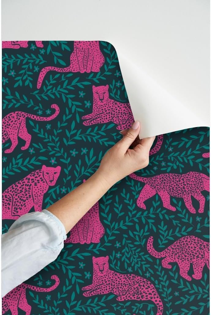Spoonflower Peel & Stick Wallpaper 3ft x 2ft - Jungle Cat Dark Teal Pink Leopard Jaguar Jewel Tone Custom Removable Wallpaper