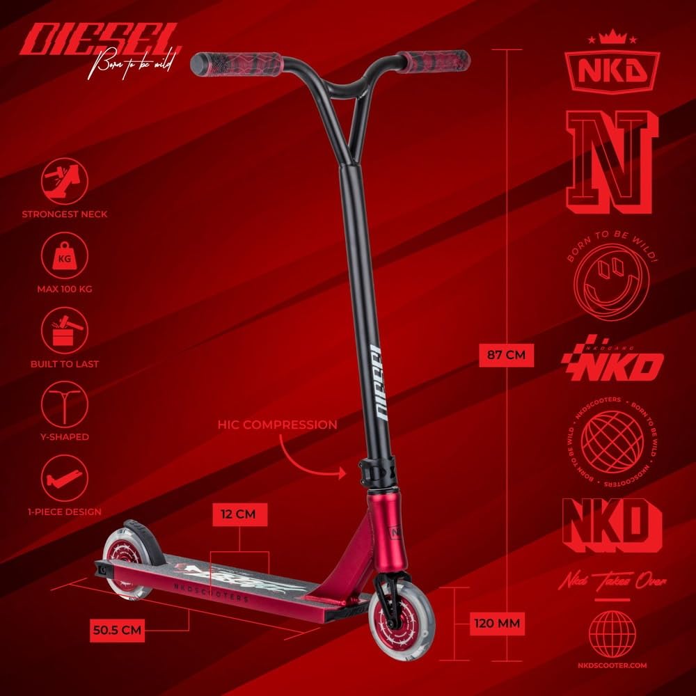NKD Stunt Scooter - Diesel | Roulements Haute Performance ABEC-9 | Guidon Rotatif à 360° pour Le Freestyle | Alliage d’Aluminium 6061 Durable