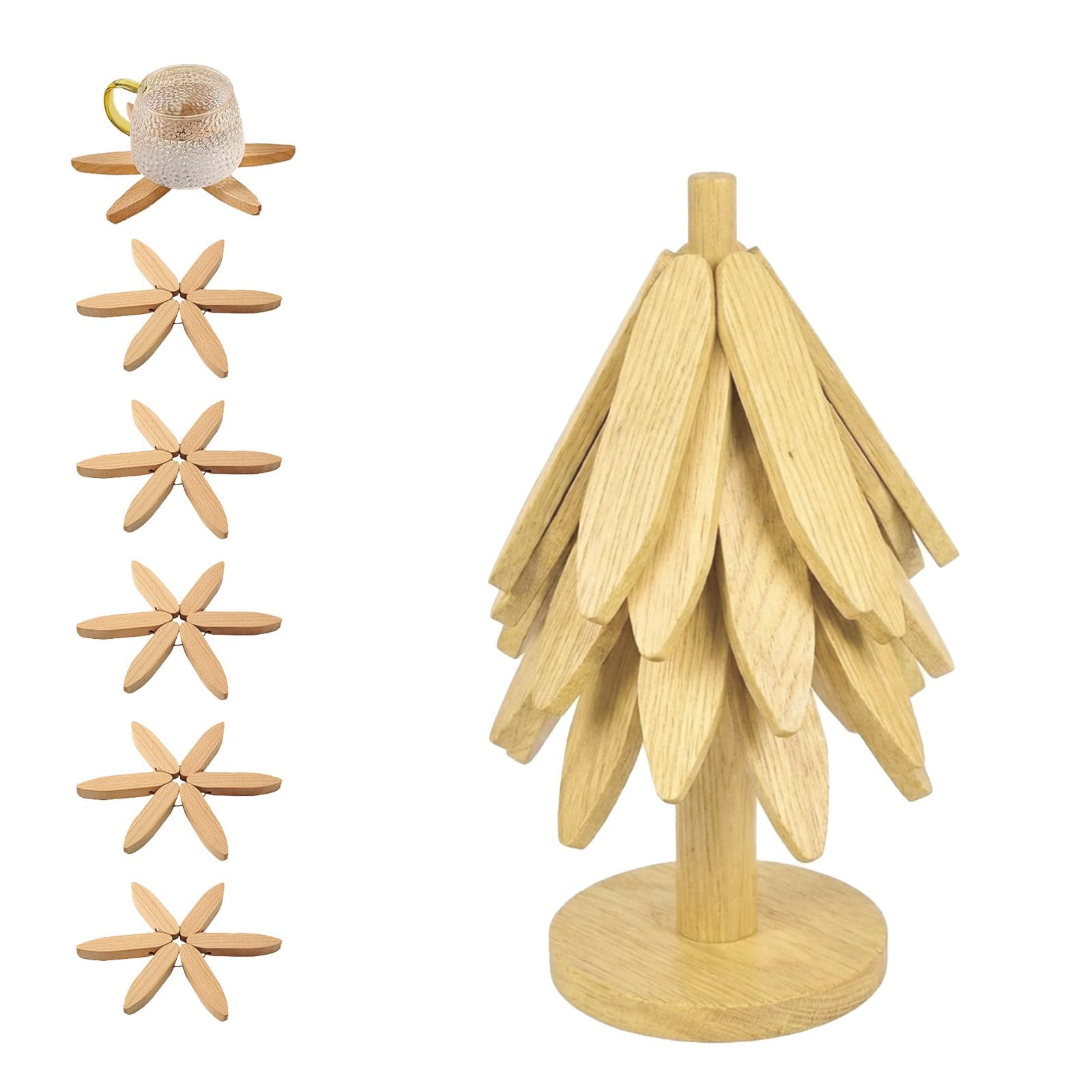 TopHomer Wooden Trivet Tree Set for Hot Dishes, 5 Flower-Shaped Foldable Drink Coasters for Mugs & Water Glasses, Decorative Table Protector for Home Kitchen Dining (Natural Wood Color)