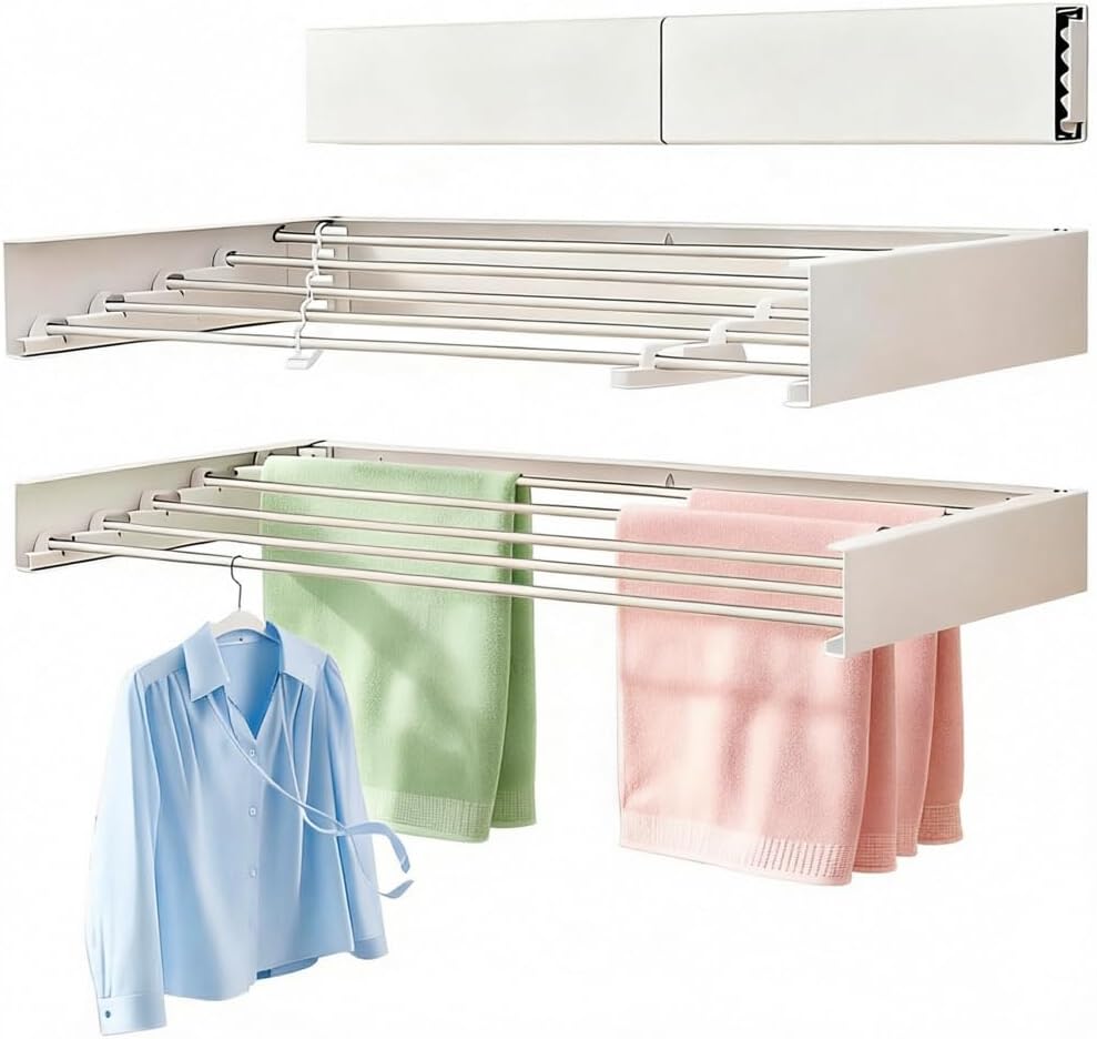Wall Mounted Clothes Drying Rack 32", Collapsible Space Saving Laundry Drying Rack with 50 lb Capacity, Laundry Room Organization for Clothes, Foldable, 5 Rods, White