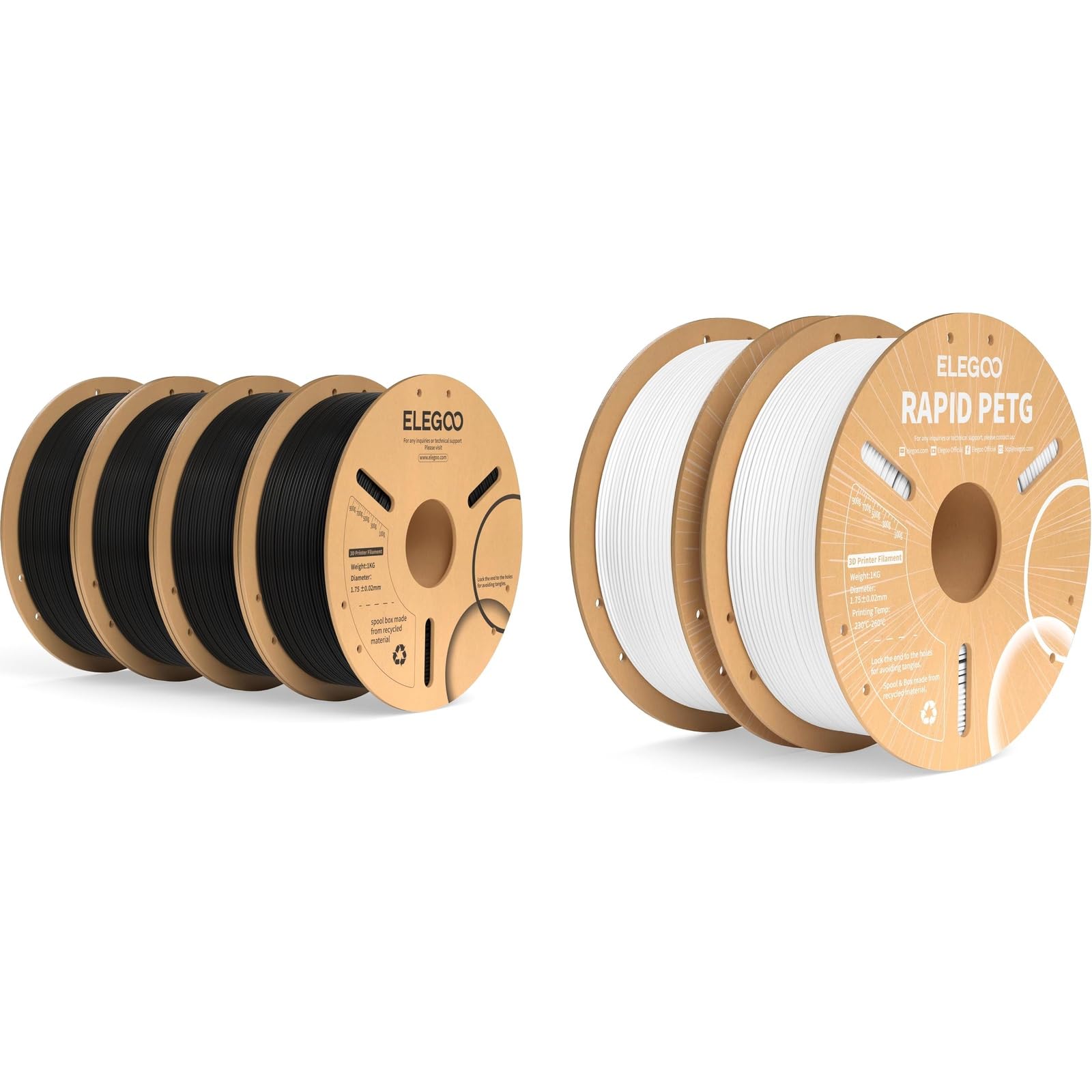 ELEGOO PLA+ Filament Schwarz 4KG & Rapid PETG Filament Weiß 2KG