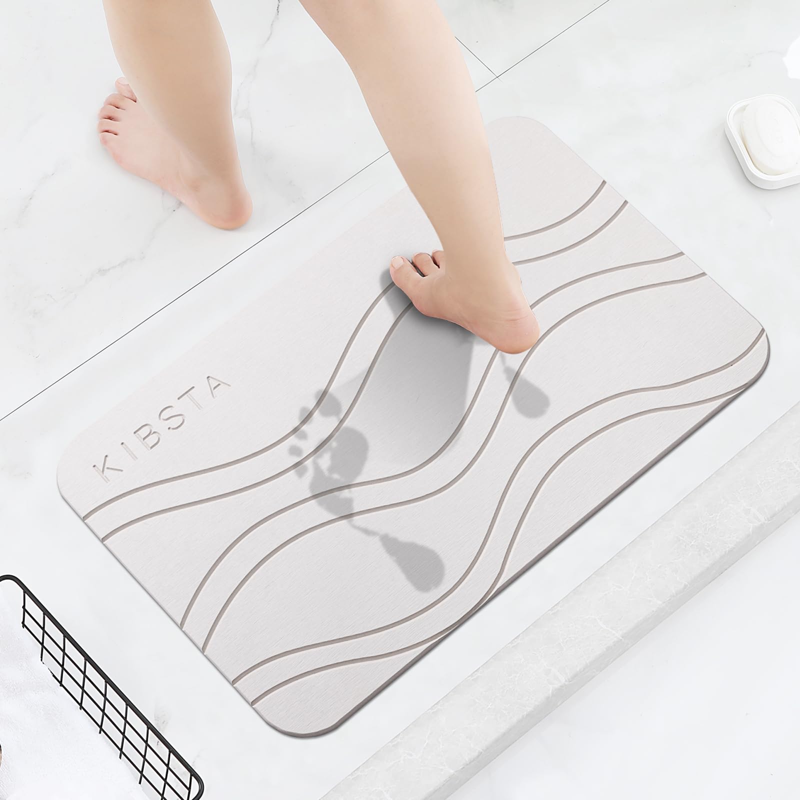 KIBSTA Stone Bath Mat Large, Super Absorbent Diatomaceous Earth Bath Mat, Non-Slip Quick Drying Stone Mat Bathroom, Stone Drying Mat for Bathroom, Kitchen, Pets, Plants (23.6 x 15.4 Beige)